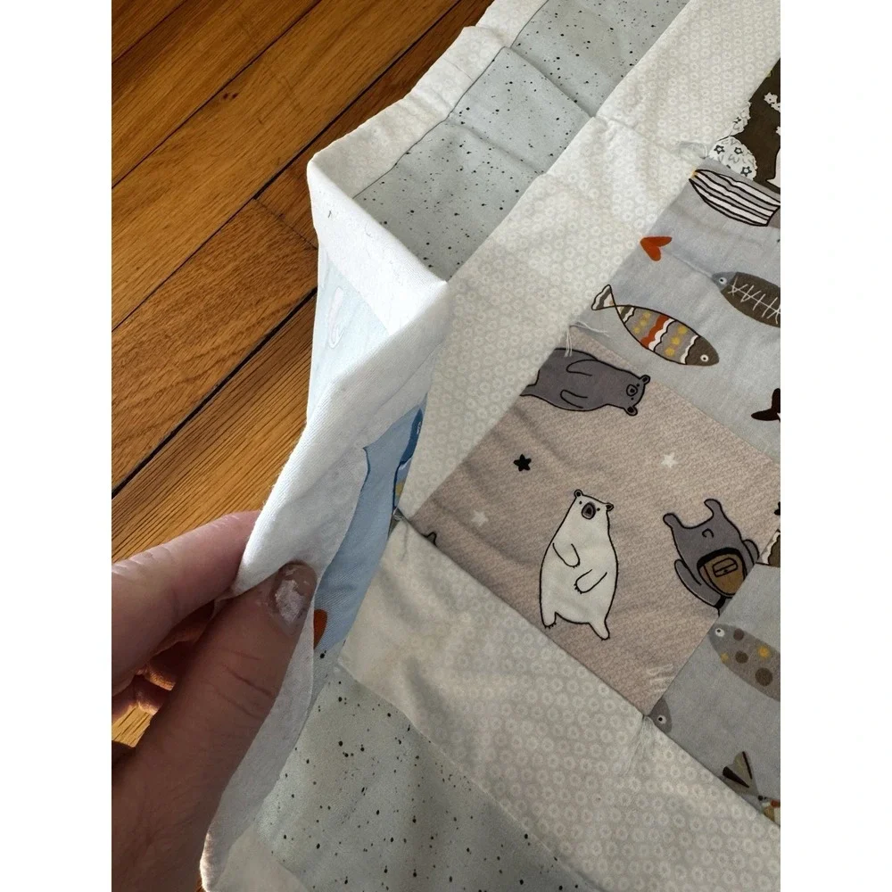 Handmade Bear And‎ Fish Patchwork Baby Boys Quilt Nursery Crib Blanket 37x49